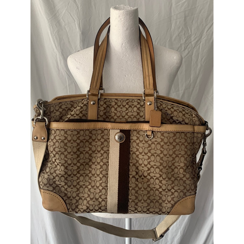 Coach Signature Jacquard Satchel Brown Tan Leather Trim F13813 Bag #922 - Picture 1 of 12